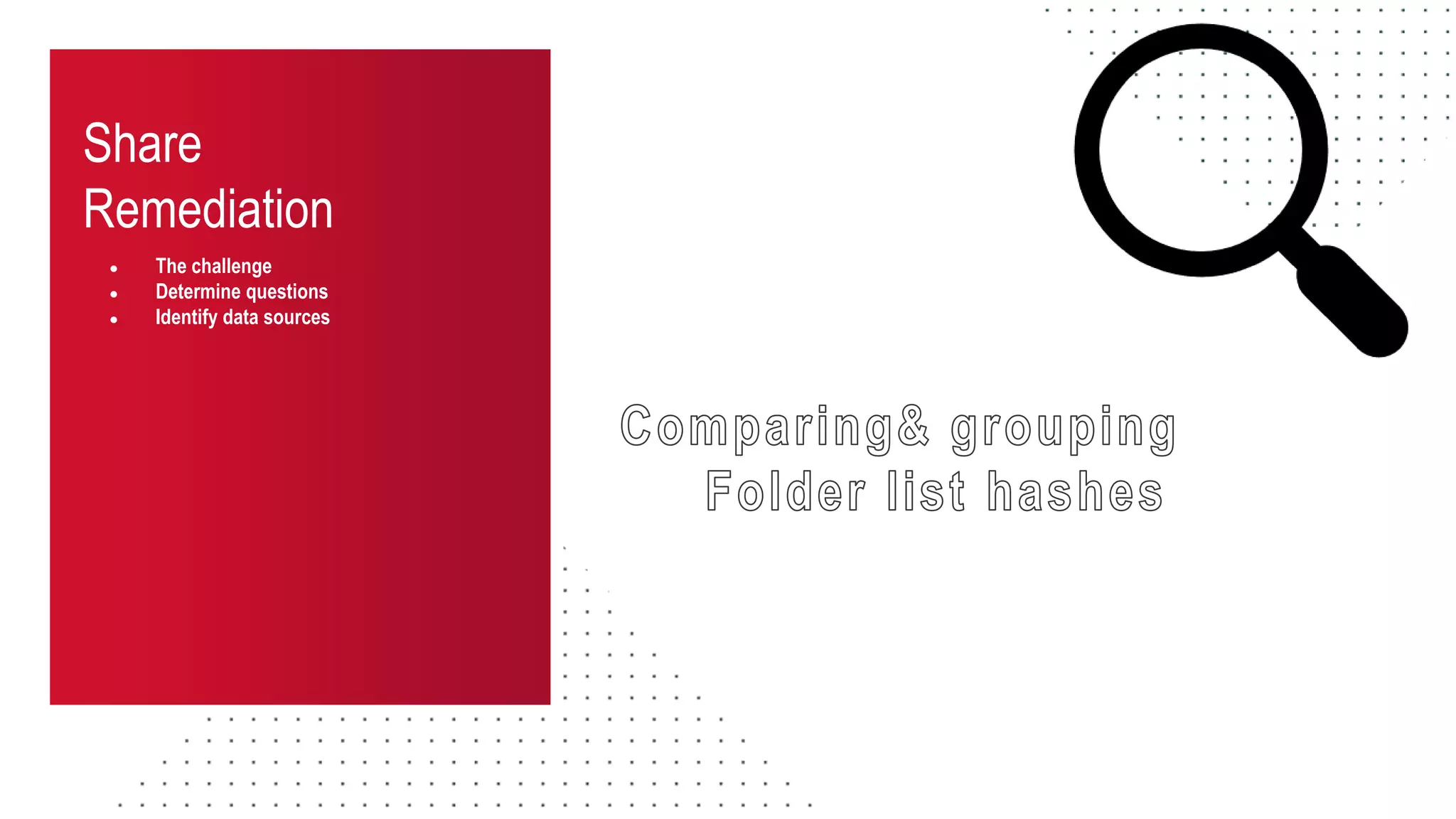 Share
Remediation
● The challenge
● Determine questions
● Identify data sources
 
