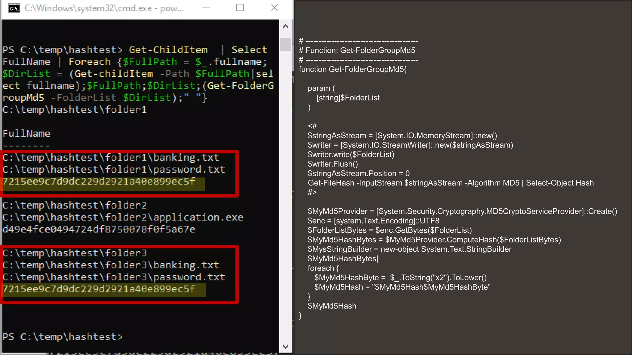 Share
Remediation
● The challenge
● Determine questions
● Identify data sources
# -------------------------------------------
# Function: Get-FolderGroupMd5
# -------------------------------------------
function Get-FolderGroupMd5{
param (
[string]$FolderList
)
<#
$stringAsStream = [System.IO.MemoryStream]::new()
$writer = [System.IO.StreamWriter]::new($stringAsStream)
$writer.write($FolderList)
$writer.Flush()
$stringAsStream.Position = 0
Get-FileHash -InputStream $stringAsStream -Algorithm MD5 | Select-Object Hash
#>
$MyMd5Provider = [System.Security.Cryptography.MD5CryptoServiceProvider]::Create()
$enc = [system.Text.Encoding]::UTF8
$FolderListBytes = $enc.GetBytes($FolderList)
$MyMd5HashBytes = $MyMd5Provider.ComputeHash($FolderListBytes)
$MysStringBuilder = new-object System.Text.StringBuilder
$MyMd5HashBytes|
foreach {
$MyMd5HashByte = $_.ToString("x2").ToLower()
$MyMd5Hash = "$MyMd5Hash$MyMd5HashByte"
}
$MyMd5Hash
}
 