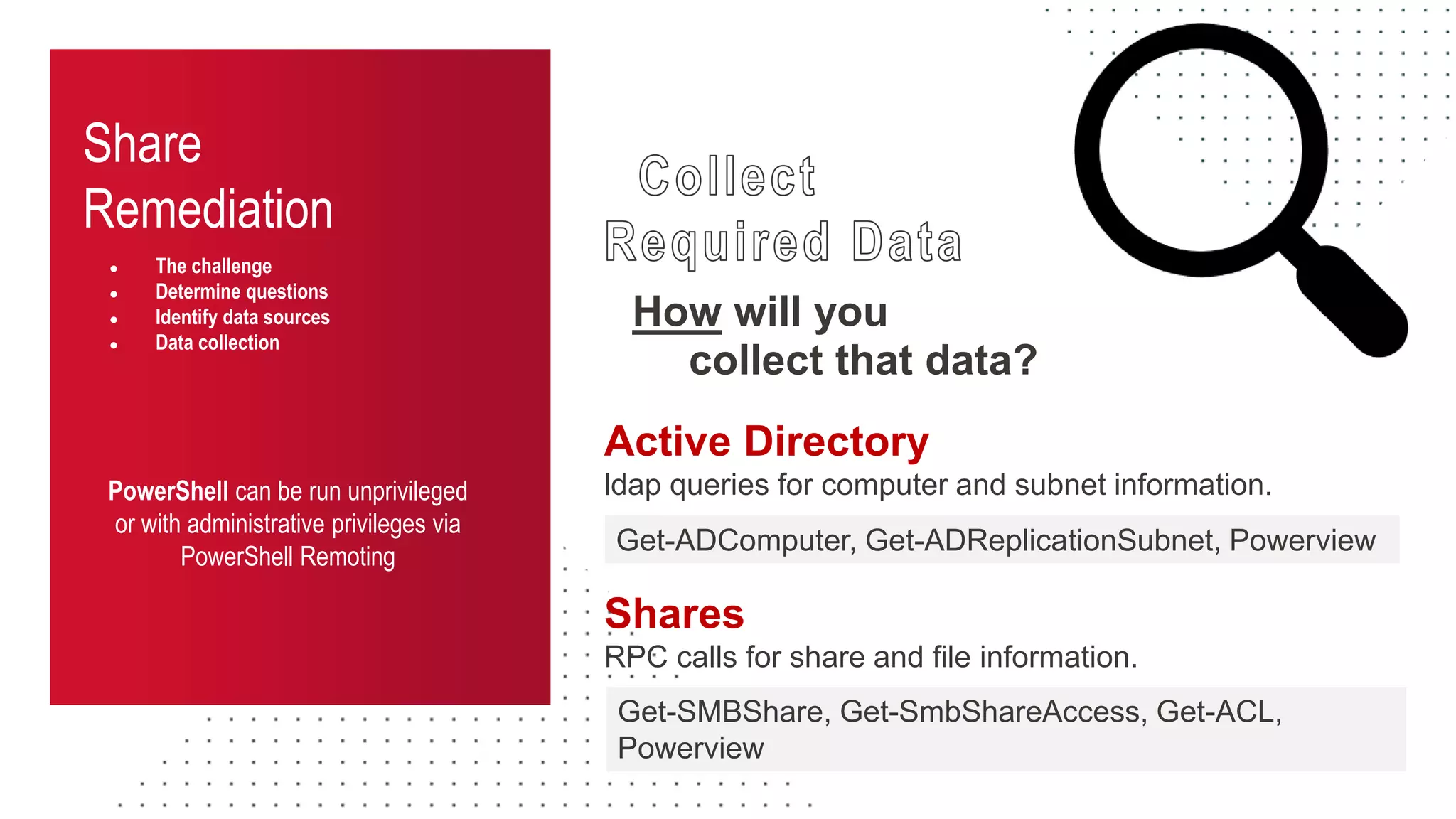 Share
Remediation
● The challenge
● Determine questions
● Identify data sources
● Data collection
How will you
collect that data?
PowerShell can be run unprivileged
or with administrative privileges via
PowerShell Remoting
Active Directory
ldap queries for computer and subnet information.
Get-ADComputer, Get-ADReplicationSubnet, Powerview
Shares
RPC calls for share and file information.
Get-SMBShare, Get-SmbShareAccess, Get-ACL,
Powerview
 