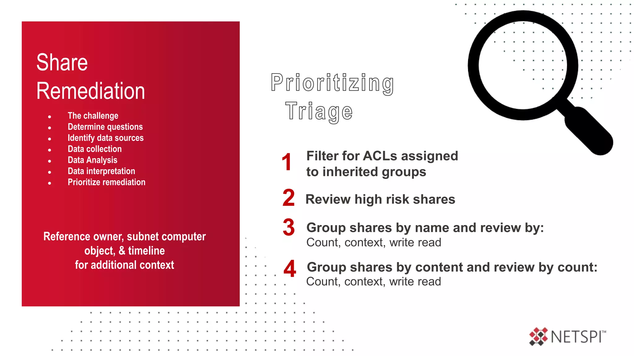 Share
Remediation
● The challenge
● Determine questions
● Identify data sources
● Data collection
● Data Analysis
● Data interpretation
● Prioritize remediation
Reference owner, subnet computer
object, & timeline
for additional context
Filter for ACLs assigned
to inherited groups
1
Review high risk shares
2
Group shares by name and review by:
3 Count, context, write read
Group shares by content and review by count:
4 Count, context, write read
 