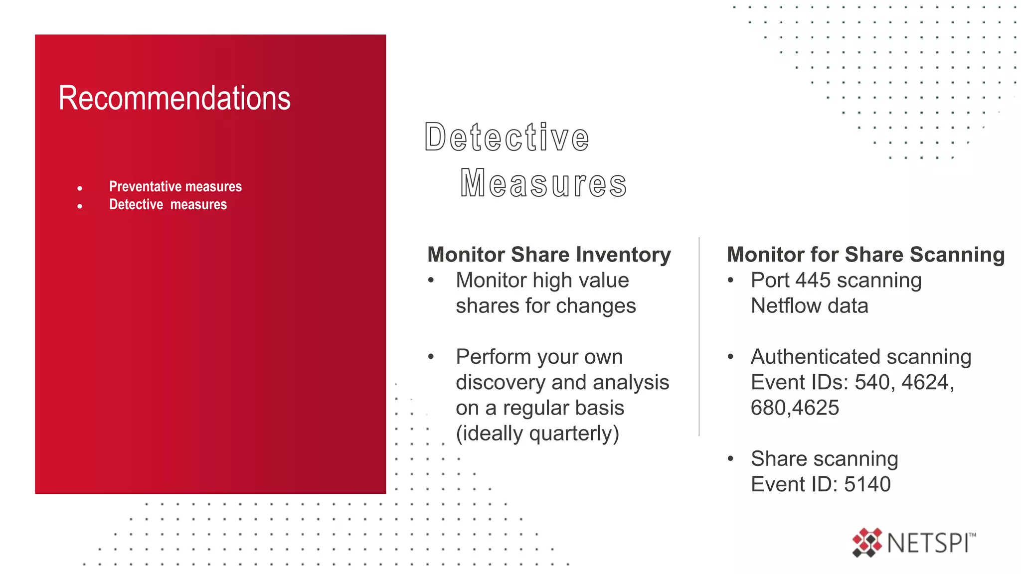 Recommendations
● Preventative measures
● Detective measures
Monitor Share Inventory
• Monitor high value
shares for changes
• Perform your own
discovery and analysis
on a regular basis
(ideally quarterly)
Monitor for Share Scanning
• Port 445 scanning
Netflow data
• Authenticated scanning
Event IDs: 540, 4624,
680,4625
• Share scanning
Event ID: 5140
 