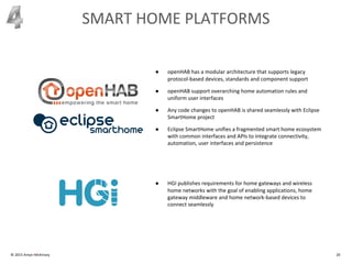 © 2015 Amyx+McKinsey 20
SMART HOME PLATFORMS
● openHAB has a modular architecture that supports legacy
protocol-based devices, standards and component support
● openHAB support overarching home automation rules and
uniform user interfaces
● Any code changes to openHAB is shared seamlessly with Eclipse
SmartHome project
● Eclipse SmartHome unifies a fragmented smart home ecosystem
with common interfaces and APIs to integrate connectivity,
automation, user interfaces and persistence
● HGI publishes requirements for home gateways and wireless
home networks with the goal of enabling applications, home
gateway middleware and home network-based devices to
connect seamlessly
 
