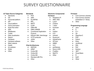 SURVEY QUESTIONNAIRE
© 2015 Amyx+McKinsey 7
IoT Open Source Categories
● Standards
● OS
● Horizontal platform
● API
● Cloud platform
● Home automation
● Node flow editor
● SDK
● Middleware
● Toolkit
● Data visualization
● Search
● Hardware
● Hardware software
● Mesh network
● Health
● Air pollution
● Water
● Other
Standards
● IPv6
● oBIX
● 6LoWPAN
● RPL
● MQTT
● CoAP
● OMA-DM
● OMA LWM2M
● Constrained Application
Protocol
● Efficient XML Interchange
● HTTP protocols
● JSON
● Other
Chip Architectures
● MSP430
● ARM7
● Cortex-M0
● Cortex-M3
● Cortex-M4
● Standard x86 PCs
● Other
Electronic Components/
Hardware
● Raspberry Pi
● AMX, KNX
● Lutron
● Z-Wave
● 1-Wire
● EnOcean
● xPL
● Insteon
● X10
● Infrared
● Russound
● GlobalCache
● IRTrans
● XBMC
● VLC
● panStamps
● Denon AVR
● FreeBox
● MythTV
● Other
Firmware
● Core Common Libraries
● Core Comms Libraries
embedded C++ library
● Other
Programming Language
● Java
● C
● C++
● C#
● Objective-C
● PHP
● Python
● Ruby
● JavaScript
● SQL
● Perl
● Node.js
● .NET
● Visual Basic
● R
● Swift
● Other
 