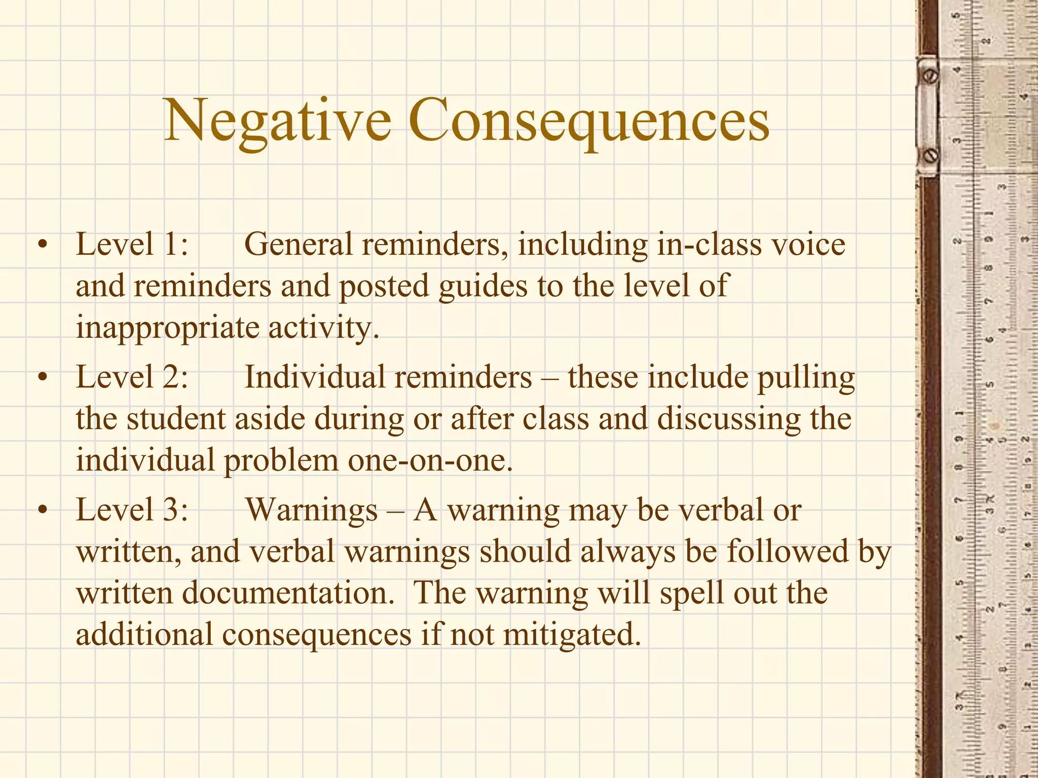 Negative Consequences
• Level 1:
General reminders, including in-class voice
and reminders and posted guides to the level of
inappropriate activity.
• Level 2:
Individual reminders – these include pulling
the student aside during or after class and discussing the
individual problem one-on-one.
• Level 3:
Warnings – A warning may be verbal or
written, and verbal warnings should always be followed by
written documentation. The warning will spell out the
additional consequences if not mitigated.

 