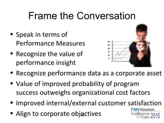 Frame the Conversation
• Speak in terms of
Performance Measures
• Recognize the value of
performance insight
• Recognize performance data as a corporate asset
• Value of improved probability of program
success outweighs organizational cost factors
• Improved internal/external customer satisfaction
• Align to corporate objectives26
 