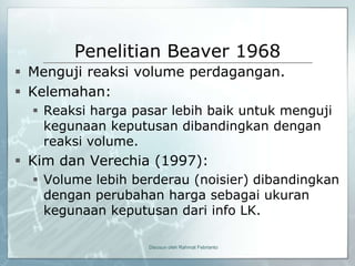 Penelitian Beaver 1968
 Menguji reaksi volume perdagangan.
 Kelemahan:
   Reaksi harga pasar lebih baik untuk menguji
    kegunaan keputusan dibandingkan dengan
    reaksi volume.
 Kim dan Verechia (1997):
   Volume lebih berderau (noisier) dibandingkan
    dengan perubahan harga sebagai ukuran
    kegunaan keputusan dari info LK.

                   Disusun oleh Rahmat Febrianto
 