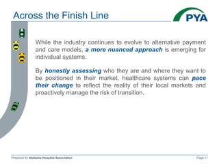 Prepared for Alabama Hospital Association Page 11
Across the Finish Line
While the industry continues to evolve to alternative payment
and care models, a more nuanced approach is emerging for
individual systems.
By honestly assessing who they are and where they want to
be positioned in their market, healthcare systems can pace
their change to reflect the reality of their local markets and
proactively manage the risk of transition.
 