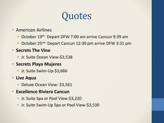 Quotes
• American Airlines
• October 19th Depart DFW 7:00 am arrive Cancun 9:39 am
• October 25nd Depart Cancun 12:30 pm arrive DFW 3:31 pm
• Secrets The Vine
• Jr. Suite Ocean View-$3,538
• Secrets Playa Mujeres
• Jr. Suite Swim-Up-$3,666
• Live Aqua
• Deluxe Ocean View- $3,561
• Excellence Riviera Cancun
• Jr. Suite Spa or Pool View-$3,220
• Jr. Suite Swim-Up Spa or Pool View-$3,530
 