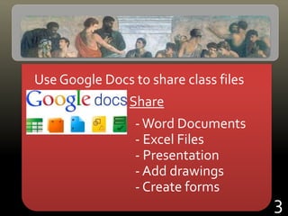 Use Google Docs to share class files
Share
-Word Documents
- Excel Files
- Presentation
- Add drawings
- Create forms
3
 