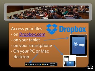 Access your files
- on Dropbox.com
- on your tablet
- on your smartphone
- On your PC or Mac
desktop
12
 