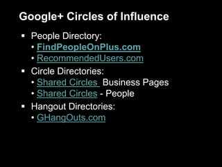 Google+ Circles of Influence
 People Directory:
• FindPeopleOnPlus.com
• RecommendedUsers.com
 Circle Directories:
• Shared Circles Business Pages
• Shared Circles - People
 Hangout Directories:
• GHangOuts.com
 