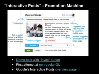 "Interactive Posts" - Promotion Machine
 Demo post with "invite" button
 First attempt at non-geeky GUI
 Google's Interactive Posts overview page
 