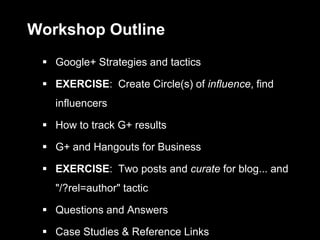Workshop Outline
 Google+ Strategies and tactics
 EXERCISE: Create Circle(s) of influence, find
influencers
 How to track G+ results
 G+ and Hangouts for Business
 EXERCISE: Two posts and curate for blog... and
"/?rel=author" tactic
 Questions and Answers
 Case Studies & Reference Links
 