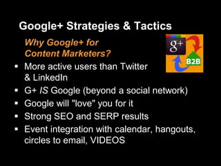 Google+ Strategies & Tactics
Why Google+ for
Content Marketers?
 More active users than Twitter
& LinkedIn
 G+ IS Google (beyond a social network)
 Google will "love" you for it
 Strong SEO and SERP results
 Event integration with calendar, hangouts,
circles to email, VIDEOS
 
