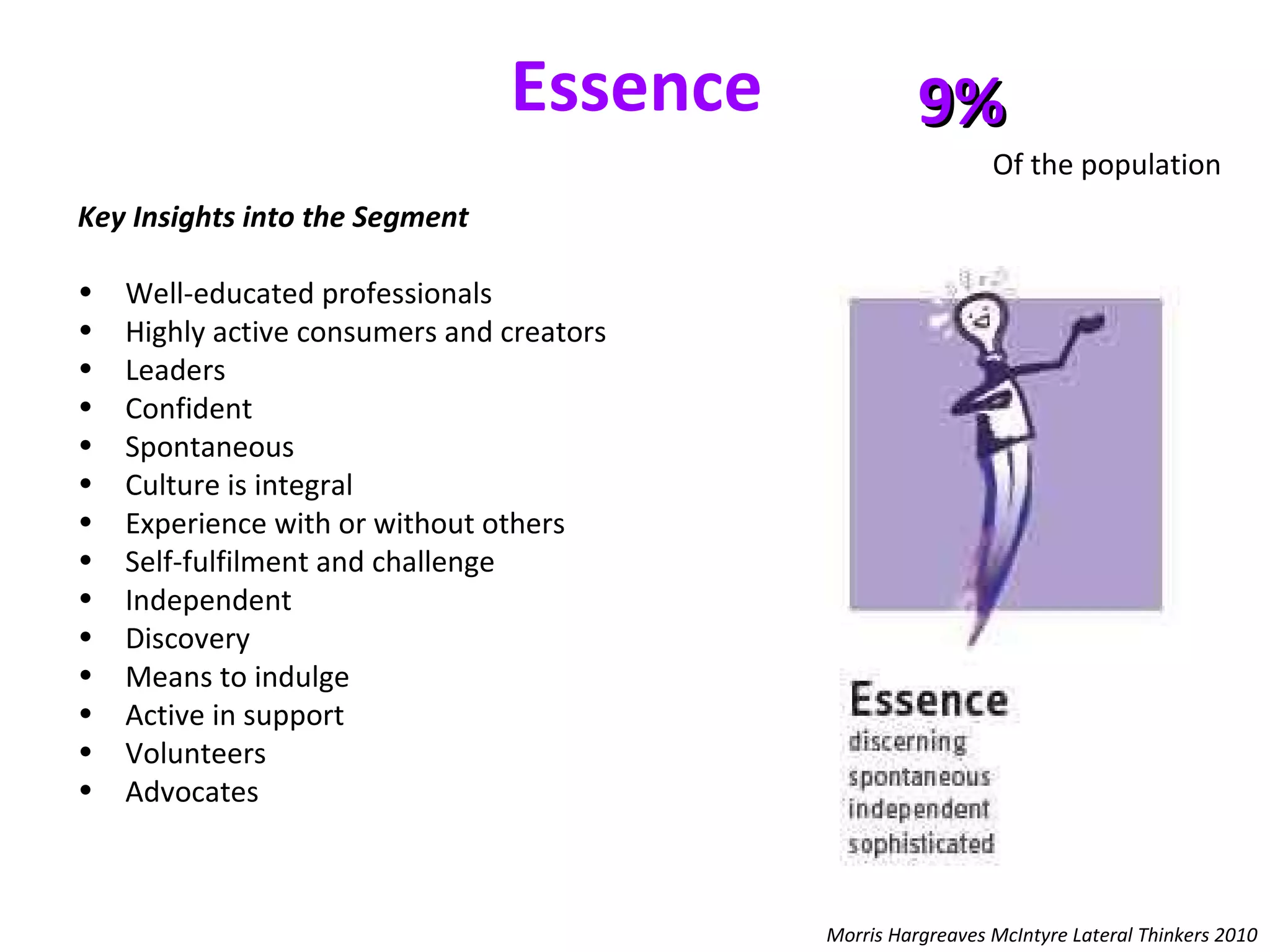 Essence Key Insights into the Segment  Well-educated professionals  Highly active consumers and creators Leaders  Confident  Spontaneous  Culture is integral Experience with or without others Self-fulfilment and challenge Independent  Discovery  Means to indulge Active in support Volunteers  Advocates  9% Of the population Morris Hargreaves McIntyre Lateral Thinkers 2010 