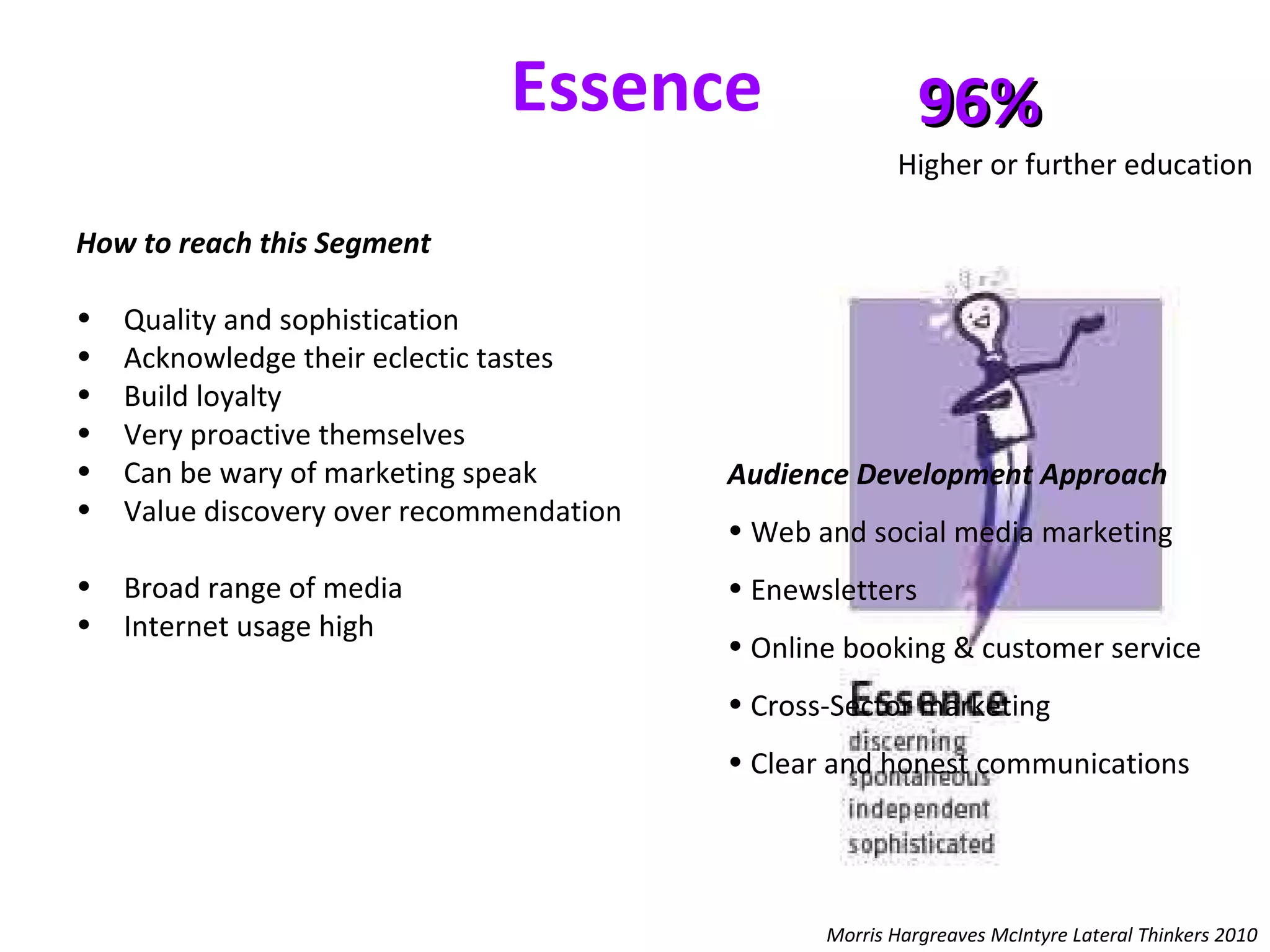 Essence How to reach this Segment  Quality and sophistication Acknowledge their eclectic tastes Build loyalty  Very proactive themselves  Can be wary of marketing speak Value discovery over recommendation Broad range of media Internet usage high  96%   Higher or further education Audience Development Approach Web and social media marketing  Enewsletters  Online booking & customer service  Cross-Sector marketing  Clear and honest communications  Morris Hargreaves McIntyre Lateral Thinkers 2010 