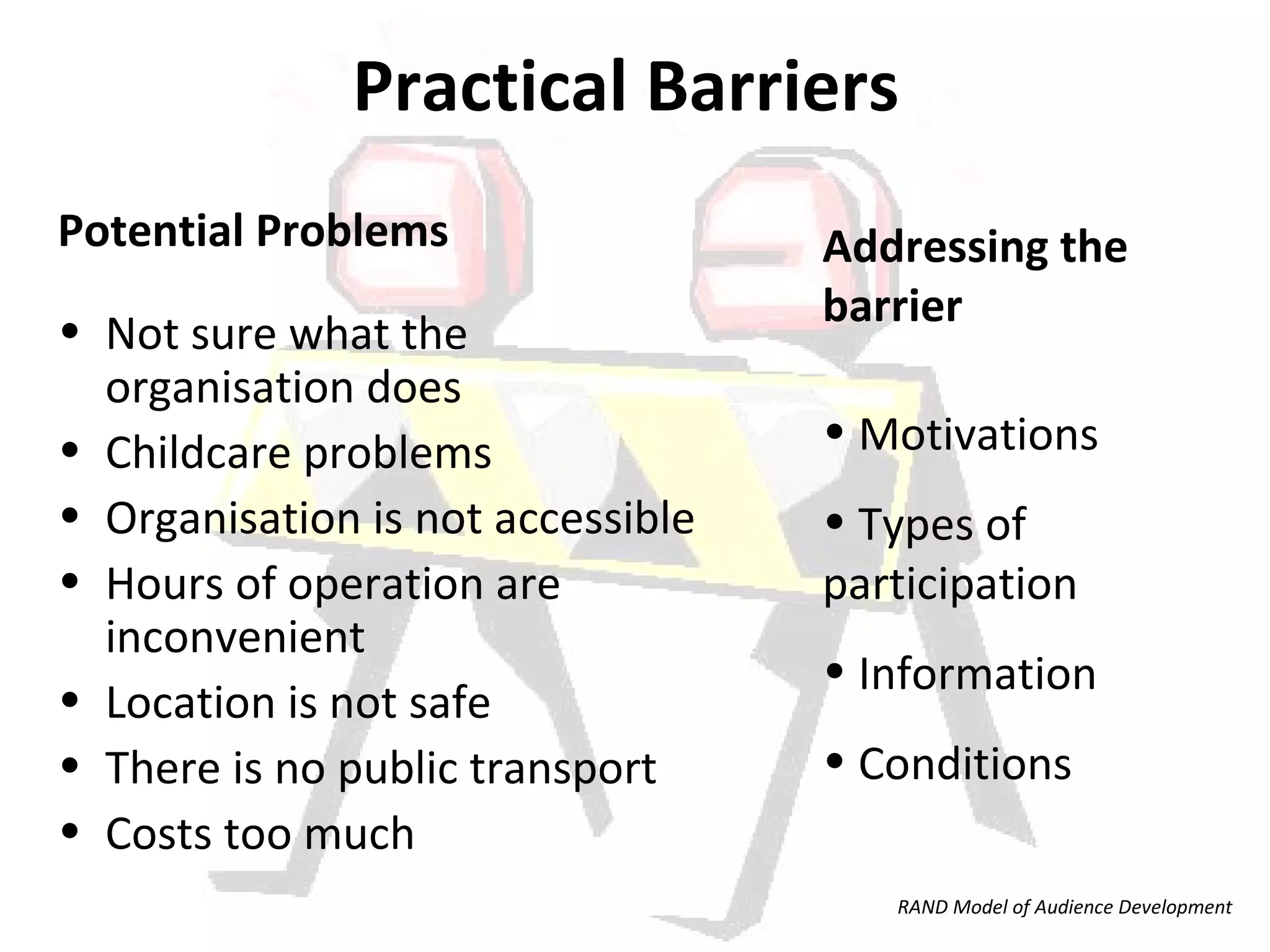 Practical Barriers   Potential Problems Not sure what the organisation does  Childcare problems  Organisation is not accessible  Hours of operation are inconvenient  Location is not safe There is no public transport  Costs too much Addressing the barrier  Motivations  Types of participation  Information  Conditions  RAND Model of Audience Development 