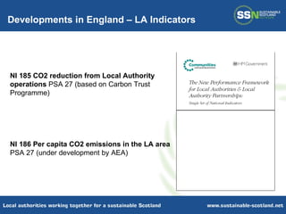Developments in England – LA Indicators NI 185 CO2 reduction from Local Authority operations  PSA 27 (based on Carbon Trust Programme) NI 186 Per capita CO2 emissions in the LA area  PSA 27 (under development by AEA) 