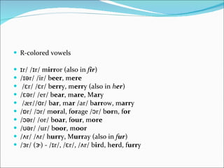 R-colored vowels ɪr/ /ɪr/ m irr or (also in  f ir )  /ɪər/ /ir/ b eer , m ere /ɛr/ /ɛr/ b err y, m err y (also in  h er )  /ɛər/ /er/ b ear , m are , M ar y /ær//ɑr/ b ar , m ar  /ar/ b arr ow, m arr y  /ɒr/ /ɔr/ m or al, f or age /ɔr/ b or n, f or   /ɔər/ /or/ b oar , f our , m ore   /ʊər/ /ur/ b oor , m oor   /ʌr/ /ʌr/ h urr y, M urr ay (also in  f ur )  /ɜr/ (ɝ) - /ɪr/, /ɛr/, /ʌr/ b ir d, h er d, f urr y 