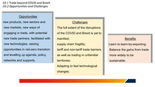 03 | Trade beyond COVID and Brexit
03.2 Opportunities and Challenges
Challenges
The full extent of the disruptions
of the COVID and Brexit is yet to
manifest;
supply chain fragility;
tariff and non-tariff trade barriers,
as well as trading in unfamiliar
territories;
Adapting to fast technological
changes;
Opportunities
new products, new sectors and
new markets, new ways of
engaging in trade, with potential
new trade partners, facilitated with
new technologies, seizing
opportunities in net-zero transition
and levelling up agenda; policy,
networks and supports.
Benefits
Learn to learn-by-exporting;
Balance the gains from trade
more widely to be
sustainable.
 