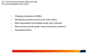 • Changing motivations of MNEs.
• Developing countries moved up the value chains.
• More regionalized concentrated supply chain networks.
• More services go with goods, hence proximity to customers
• Geopolitical factors
01 | The Coronaviral-Shock 2020 and trade
01.4 Evolving global value chains
 