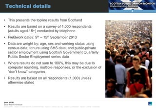 Technical details
8

• This presents the topline results from Scotland
• Results are based on a survey of 1,000 respondents
(adults aged 16+) conducted by telephone
• Fieldwork dates: 9th – 15th September 2013
• Data are weight by: age, sex and working status using
census data; tenure using SHS data; and public-private
sector employment using Scottish Government Quarterly
Public Sector Employment series data
• Where results do not sum to 100%, this may be due to
computer rounding, multiple responses, or the exclusion of
“don’t know” categories
• Results are based on all respondents (1,000) unless
otherwise stated

© Ipsos MORI

Version 1 | Public (DELETE CLASSIFICATION) Version 1 | Internal Use Only Version 1 | Confidential

Version 1 | Strictly Confidential

 