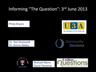 Informing “The Question”: 3rd June 2013
Philip Bryers
Dr. Ted Grossardt
Dr. Keiron Bailey
Michael Marra
David Torrance
 
