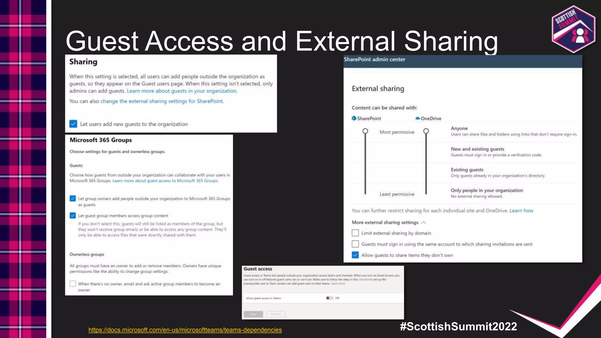 #ScottishSummit2022
Guest Access and External Sharing
https://docs.microsoft.com/en-us/microsoftteams/teams-dependencies
 