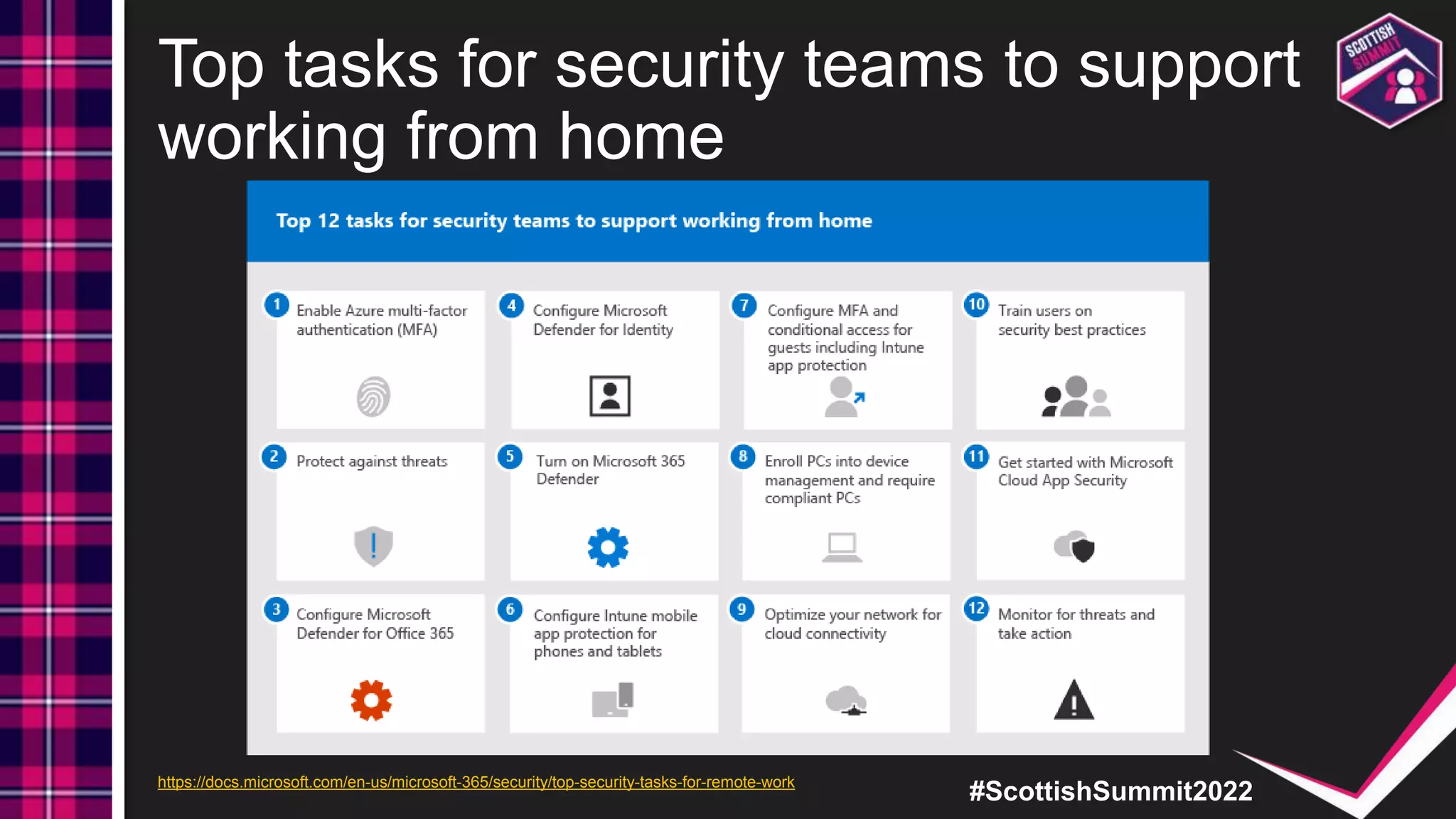 #ScottishSummit2022
Top tasks for security teams to support
working from home
https://docs.microsoft.com/en-us/microsoft-365/security/top-security-tasks-for-remote-work
 