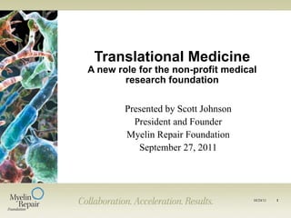 Translational Medicine A new role for the non-profit medical research foundation Presented by Scott Johnson President and Founder Myelin Repair Foundation September 27, 2011 