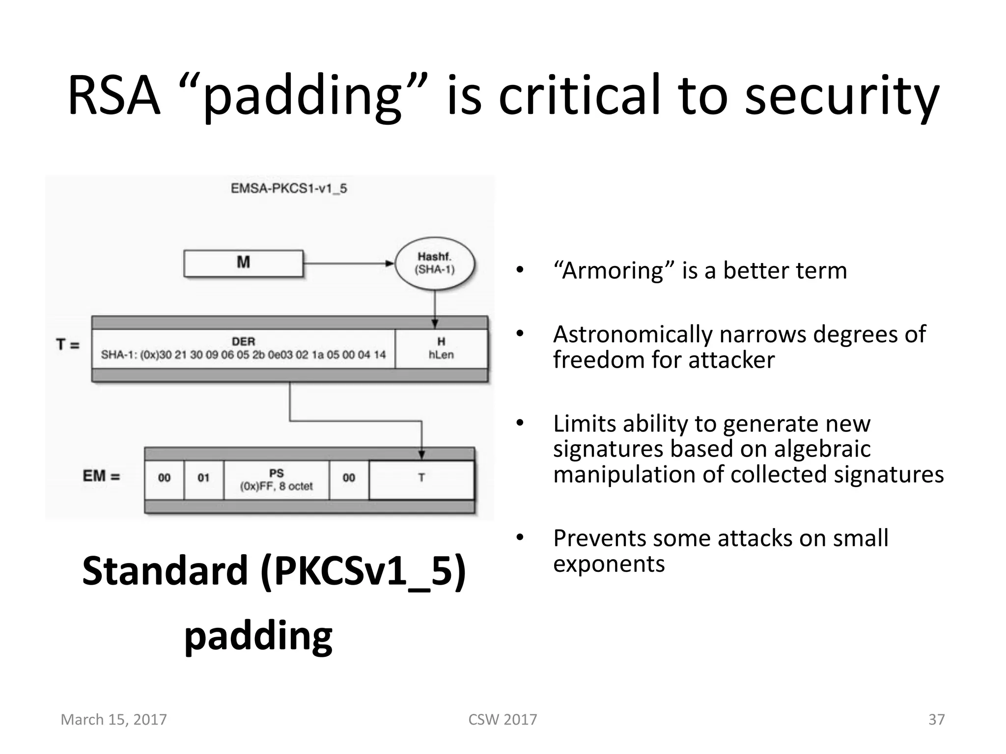 RSA	“padding”	is	critical	to	security
Standard	(PKCSv1_5)	
padding
• “Armoring”	is	a	better	term
• Astronomically	narrows	degrees	of	
freedom	for	attacker
• Limits	ability	to	generate	new	
signatures	based	on	algebraic	
manipulation	of	collected	signatures
• Prevents	some	attacks	on	small	
exponents
March	15,	2017 CSW	2017 37
 