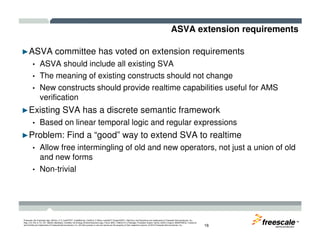 ASVA extension requirements
►ASVA committee has voted on extension requirements
• ASVA should include all existing SVA
• The meaning of existing constructs should not change
• New constructs should provide realtime capabilities useful for AMS
verification
►Existing SVA has a discrete semantic framework
• Based on linear temporal logic and regular expressions
TM
Freescale, the Freescale logo, AltiVec, C-5, CodeTEST, CodeWarrior, ColdFire, C-Ware, mobileGT, PowerQUICC, StarCore, and Symphony are trademarks of Freescale Semiconductor, Inc.,
Reg. U.S. Pat. & Tm. Off. BeeKit, BeeStack, CoreNet, the Energy Efficient Solutions logo, Flexis, MXC, Platform in a Package, Processor Expert, QorIQ, QUICC Engine, SMARTMOS, TurboLink
and VortiQa are trademarks of Freescale Semiconductor, Inc. All other product or service names are the property of their respective owners. © 2010 Freescale Semiconductor, Inc. 16
• Based on linear temporal logic and regular expressions
►Problem: Find a “good” way to extend SVA to realtime
• Allow free intermingling of old and new operators, not just a union of old
and new forms
• Non-trivial
 