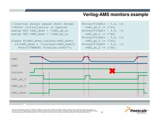 Verilog-AMS monitors example
//inertial delays squash short droops
//Note: initialization is ignored
assign #25 vdd1_down = !vdd1_gt_5;
assign #25 vdd2_down = !vdd2_gt_5;
always @(vdd1_down,isolate,vdd2_down)
if(vdd1_down & !(isolate|vdd2_down))
$error(“ERROR: Floating node!”);
@cross(V(vdd1) – 5.0, +1)
vdd1_gt_5 <= 1’b1;
@cross(V(vdd1) – 5.0, -1)
vdd1_gt_5 <= 1’b0;
@cross(V(vdd2) – 5.0, +1)
vdd2_gt_5 <= 1’b1;
@cross(V(vdd2) – 5.0, -1)
vdd2_gt_5 <= 1’b0;
vdd1
TM
Freescale, the Freescale logo, AltiVec, C-5, CodeTEST, CodeWarrior, ColdFire, C-Ware, mobileGT, PowerQUICC, StarCore, and Symphony are trademarks of Freescale Semiconductor, Inc.,
Reg. U.S. Pat. & Tm. Off. BeeKit, BeeStack, CoreNet, the Energy Efficient Solutions logo, Flexis, MXC, Platform in a Package, Processor Expert, QorIQ, QUICC Engine, SMARTMOS, TurboLink
and VortiQa are trademarks of Freescale Semiconductor, Inc. All other product or service names are the property of their respective owners. © 2010 Freescale Semiconductor, Inc. 9
vdd2
isolate
vdd1_gt_5
vdd2_gt_5
vdd1_down
 