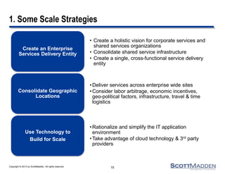 Copyright © 2013 by ScottMadden. All rights reserved.
1. Some Scale Strategies
• Create a holistic vision for corporate services and
shared services organizations
• Consolidate shared service infrastructure
• Create a single, cross-functional service delivery
entity
Create an Enterprise
Services Delivery Entity
•Deliver services across enterprise wide sites
•Consider labor arbitrage, economic incentives,
geo-political factors, infrastructure, travel & time
logistics
Consolidate Geographic
Locations
•Rationalize and simplify the IT application
environment
•Take advantage of cloud technology & 3rd party
providers
Use Technology to
Build for Scale
15
 