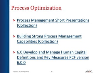 48©2013 APQC. ALL RIGHTS RESERVED.
Process Optimization
 Process Management Short Presentations
(Collection)
 Building Strong Process Management
Capabilities (Collection)
 6.0 Develop and Manage Human Capital
Definitions and Key Measures PCF version
6.0.0
 