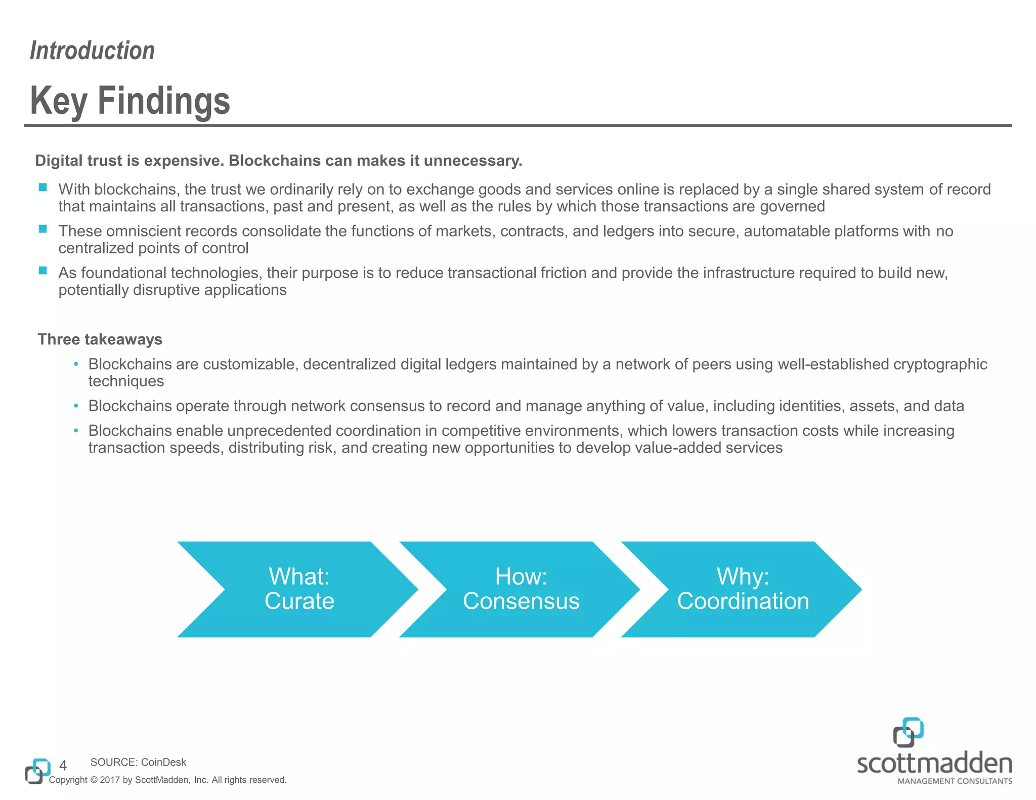 Copyright © 2017 by ScottMadden, Inc. All rights reserved.
Key Findings
Digital trust is expensive. Blockchains can makes it unnecessary.
￭ With blockchains, the trust we ordinarily rely on to exchange goods and services online is replaced by a single shared system of record
that maintains all transactions, past and present, as well as the rules by which those transactions are governed
￭ These omniscient records consolidate the functions of markets, contracts, and ledgers into secure, automatable platforms with no
centralized points of control
￭ As foundational technologies, their purpose is to reduce transactional friction and provide the infrastructure required to build new,
potentially disruptive applications
Three takeaways
• Blockchains are customizable, decentralized digital ledgers maintained by a network of peers using well-established cryptographic
techniques
• Blockchains operate through network consensus to record and manage anything of value, including identities, assets, and data
• Blockchains enable unprecedented coordination in competitive environments, which lowers transaction costs while increasing
transaction speeds, distributing risk, and creating new opportunities to develop value-added services
Introduction
4
What:
Curate
How:
Consensus
Why:
Coordination
SOURCE: CoinDesk
 