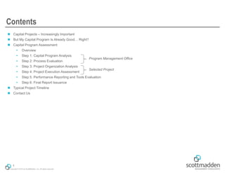 Copyright © 2014 by ScottMadden, Inc. All rights reserved.
◼ Capital Projects – Increasingly Important
◼ But My Capital Program Is Already Good… Right?
◼ Capital Program Assessment
 Overview
 Step 1: Capital Program Analysis
 Step 2: Process Evaluation
 Step 3: Project Organization Analysis
 Step 4: Project Execution Assessment
 Step 5: Performance Reporting and Tools Evaluation
 Step 6: Final Report Issuance
◼ Typical Project Timeline
◼ Contact Us
Contents
1
Program Management Office
Selected Project
 