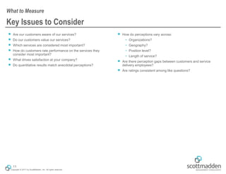 Copyright © 2017 by ScottMadden, Inc. All rights reserved.
Key Issues to Consider
￭ Are our customers aware of our services?
￭ Do our customers value our services?
￭ Which services are considered most important?
￭ How do customers rate performance on the services they
consider most important?
￭ What drives satisfaction at your company?
￭ Do quantitative results match anecdotal perceptions?
￭ How do perceptions vary across:
• Organizations?
• Geography?
• Position level?
• Length of service?
￭ Are there perception gaps between customers and service
delivery employees?
￭ Are ratings consistent among like questions?
What to Measure
11
 