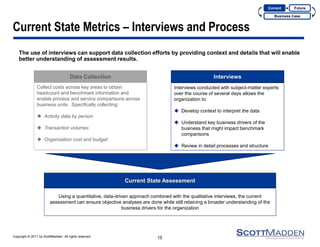 Copyright © 2011 by ScottMadden. All rights reserved. 
Current State Metrics – Interviews and Process 
The use of interviews can support data collection efforts by providing context and details that will enable better understanding of assessment results. 
15 
Current 
Business Case 
Future 
Collect costs across key areas to obtain headcount and benchmark information and enable process and service comparisons across business units. Specifically collecting: 
Activity data by person 
Transaction volumes 
Organization cost and budget 
Data Collection 
Interviews conducted with subject-matter experts over the course of several days allows the organization to: 
Develop context to interpret the data 
Understand key business drivers of the business that might impact benchmark comparisons 
Review in detail processes and structure 
Interviews 
Using a quantitative, data-driven approach combined with the qualitative interviews, the current assessment can ensure objective analyses are done while still retaining a broader understanding of the business drivers for the organization 
Current State Assessment  
