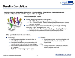 Copyright © 2011 by ScottMadden. All rights reserved. 
Benefits Calculation 
In quantifying the benefits the organization can receive from implementing shared services, the reduction in headcount is often the largest and most important. 
17 
Headcount Benefits (Labor) 
Typical headcount benefits by the numbers: 
―70 – 75% of total savings are derived from labor 
―15 – 30% reduction in headcount through implementation of shared services is typical 
Labor arbitrage opportunities create benefit beyond simply reducing headcount. Labor arbitrage comes from: 
―Better alignment of employee level with type of work performed 
―Moving certain operations to lower labor cost geographies 
Other quantifiable benefits can include… 
Technology 
―Savings associated with sunset of older or unused technology 
―Savings driven by reduction in licenses and maintenance required for given technologies 
―Savings through harmonization and reduction of instances 
―Reduction in technology support costs 
Vendors 
―Savings associated with consolidation and optimization of contracts across the organization 
Site 
―Savings associated with departure from a building or lease of a floor 
Current 
Business Case 
Future  
