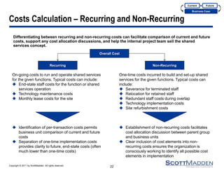 Copyright © 2011 by ScottMadden. All rights reserved. 
Costs Calculation – Recurring and Non-Recurring 
Differentiating between recurring and non-recurring costs can facilitate comparison of current and future costs, support any cost allocation discussions, and help the internal project team sell the shared services concept. 
22 
Overall Cost 
Recurring 
Non-Recurring 
On-going costs to run and operate shared services for the given functions. Typical costs can include: 
End-state staff costs for the function or shared services operation 
Technology maintenance costs 
Monthly lease costs for the site 
One-time costs incurred to build and set-up shared services for the given functions. Typical costs can include: 
Severance for terminated staff 
Relocation for retained staff 
Redundant staff costs during overlap 
Technology implementation costs 
Site refurbishment costs 
Identification of per-transaction costs permits business unit comparison of current and future costs 
Separation of one-time implementation costs provides clarity to future, end-state costs (often much lower than one-time costs) 
Establishment of non-recurring costs facilitates cost allocation discussion between parent group and business units 
Clear inclusion of cost elements into non- recurring costs ensures the organization is consciously working to identify all possible cost elements in implementation 
Current 
Business Case 
Future  