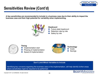 Copyright © 2011 by ScottMadden. All rights reserved. 
Sensitivities Review (Cont’d) 
A few sensitivities are recommended to include in a business case due to their ability to impact the business case and their high potential for variability when implementing. 
30 
Don’t Limit Which Variables to Include 
Identifying key concerns regarding the business case or the implementation, will help identify further areas where sensitivities might be required to be performed. 
Headcount 
Future state headcount 
Retention rate by role 
Salary by role 
Timing 
Implementation start 
Phasing of implementation 
Speed of implementation 
Technology 
Costs 
Savings 
Current 
Business Case 
Future  