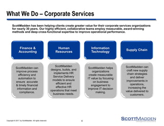 Copyright © 2011 by ScottMadden. All rights reserved. 
What We Do – Corporate Services 
ScottMadden has been helping clients create greater value for their corporate services organizations for nearly 30 years. Our highly efficient, collaborative teams employ measurable, award-winning methods and deep cross-functional expertise to improve operational performance. 
4 
Finance & Accounting 
Human Resources 
Information Technology 
Supply Chain 
ScottMadden can improve process efficiency and automation to ensure accurate & timely financial information and compliance. 
ScottMadden designs, builds, and implements HR Service Delivery models to ensure efficient and effective HR operations that meet business needs. 
ScottMadden helps organizations create measurable IT value by focusing on business engagement to improve IT decision making. 
ScottMadden can craft new supply chain strategies and deliver improvements in operations, increasing the value delivered to customers.  