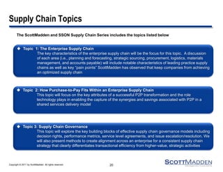Copyright © 2011 by ScottMadden. All rights reserved.
Supply Chain Topics
The ScottMadden and SSON Supply Chain Series includes the topics listed below
20
 Topic 3: Supply Chain Governance
This topic will explore the key building blocks of effective supply chain governance models including
decision rights, performance metrics, service level agreements, and issue escalation/resolution. We
will also present methods to create alignment across an enterprise for a consistent supply chain
strategy that clearly differentiates transactional efficiency from higher-value, strategic activities
 Topic 2: How Purchase-to-Pay Fits Within an Enterprise Supply Chain
This topic will focus on the key attributes of a successful P2P transformation and the role
technology plays in enabling the capture of the synergies and savings associated with P2P in a
shared services delivery model
 Topic 1: The Enterprise Supply Chain
The key characteristics of the enterprise supply chain will be the focus for this topic. A discussion
of each area (i.e., planning and forecasting, strategic sourcing, procurement, logistics, materials
management, and accounts payable) will include notable characteristics of leading practice supply
chains as well as key “pain points” ScottMadden has observed that keep companies from achieving
an optimized supply chain
 