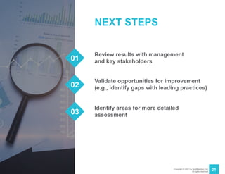Copyright © 2021 by ScottMadden, Inc.
All rights reserved.
21
01
02
03
NEXT STEPS
Review results with management
and key stakeholders
Validate opportunities for improvement
(e.g., identify gaps with leading practices)
Identify areas for more detailed
assessment
 