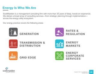 Copyright © 2021 by ScottMadden, Inc.
All rights reserved.
24
Energy Is Who We Are
ScottMadden is a management consulting firm with more than 35 years of deep, hands-on experience.
We deliver a broad array of consulting services—from strategic planning through implementation—
across the energy utility ecosystem.
Our energy practice covers the following areas:
TRANSMISSION &
DISTRIBUTION
GRID EDGE
ENERGY
MARKETS
ENERGY
CORPORATE
SERVICES
GENERATION
RATES &
REGULATION
 