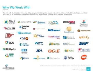 Copyright © 2021 by ScottMadden, Inc.
All rights reserved.
28
Who We Work With
We work with clients across the energy utility ecosystem including electric, gas, and water investor-owned utilities, public power entities,
RTOs and ISOs, transmission companies, and non-utility organizations. A sample of our clients is shown below.
Note: Representative sample; not all-inclusive of clients served. Excludes numerous well-known clients due to confidentiality agreements.
 