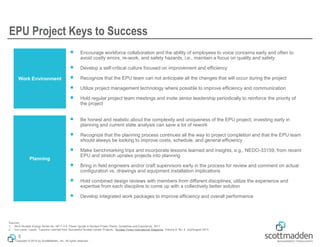 Copyright © 2015 by ScottMadden, Inc. All rights reserved.
EPU Project Keys to Success
5
￭ Encourage workforce collaboration and the ability of employees to voice concerns early and often to
avoid costly errors, re-work, and safety hazards, i.e., maintain a focus on quality and safety
￭ Develop a self-critical culture focused on improvement and efficiency
￭ Recognize that the EPU team can not anticipate all the changes that will occur during the project
￭ Utilize project management technology where possible to improve efficiency and communication
￭ Hold regular project team meetings and invite senior leadership periodically to reinforce the priority of
the project
Work Environment
Planning
￭ Be honest and realistic about the complexity and uniqueness of the EPU project; investing early in
planning and current state analysis can save a lot of rework
￭ Recognize that the planning process continues all the way to project completion and that the EPU team
should always be looking to improve costs, schedule, and general efficiency
￭ Make benchmarking trips and incorporate lessons learned and insights, e.g., NEDO-33159, from recent
EPU and stretch uprates projects into planning
￭ Bring in field engineers and/or craft supervisors early in the process for review and comment on actual
configuration vs. drawings and equipment installation implications
￭ Hold combined design reviews with members from different disciplines; utilize the experience and
expertise from each discipline to come up with a collectively better solution
￭ Develop integrated work packages to improve efficiency and overall performance
Sources:
1. IAEA Nuclear Energy Series No. NP-T-3.9, Power Uprate in Nuclear Power Plants: Guidelines and Experience, 2011
2. Von Lazar, Laszlo, “Lessons Learned from Successful Nuclear Uprate Projects,” Nuclear Power International Magazine, Volume 6, No. 4, July/August 2013
 