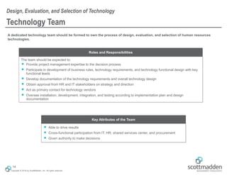 Copyright © 2018 by ScottMadden, Inc. All rights reserved.
Technology Team
A dedicated technology team should be formed to own the process of design, evaluation, and selection of human resources
technologies.
Design, Evaluation, and Selection of Technology
14
The team should be expected to:
￭ Provide project management expertise to the decision process
￭ Participate in development of business rules, technology requirements, and technology functional design with key
functional leads
￭ Develop documentation of the technology requirements and overall technology design
￭ Obtain approval from HR and IT stakeholders on strategy and direction
￭ Act as primary contact for technology vendors
￭ Oversee installation, development, integration, and testing according to implementation plan and design
documentation
Roles and Responsibilities
￭ Able to drive results
￭ Cross-functional participation from IT, HR, shared services center, and procurement
￭ Given authority to make decisions
Key Attributes of the Team
 