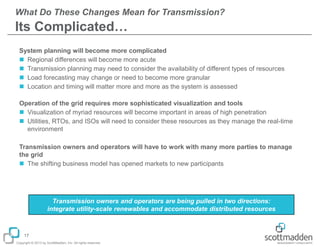 What Do These Changes Mean for Transmission?

Its Complicated…
System planning will become more complicated
 Regional differences will become more acute
 Transmission planning may need to consider the availability of different types of resources
 Load forecasting may change or need to become more granular
 Location and timing will matter more and more as the system is assessed
Operation of the grid requires more sophisticated visualization and tools
 Visualization of myriad resources will become important in areas of high penetration
 Utilities, RTOs, and ISOs will need to consider these resources as they manage the real-time
environment
Transmission owners and operators will have to work with many more parties to manage
the grid
 The shifting business model has opened markets to new participants

Transmission owners and operators are being pulled in two directions:
integrate utility-scale renewables and accommodate distributed resources

17
Copyright © 2013 by ScottMadden, Inc. All rights reserved.

 